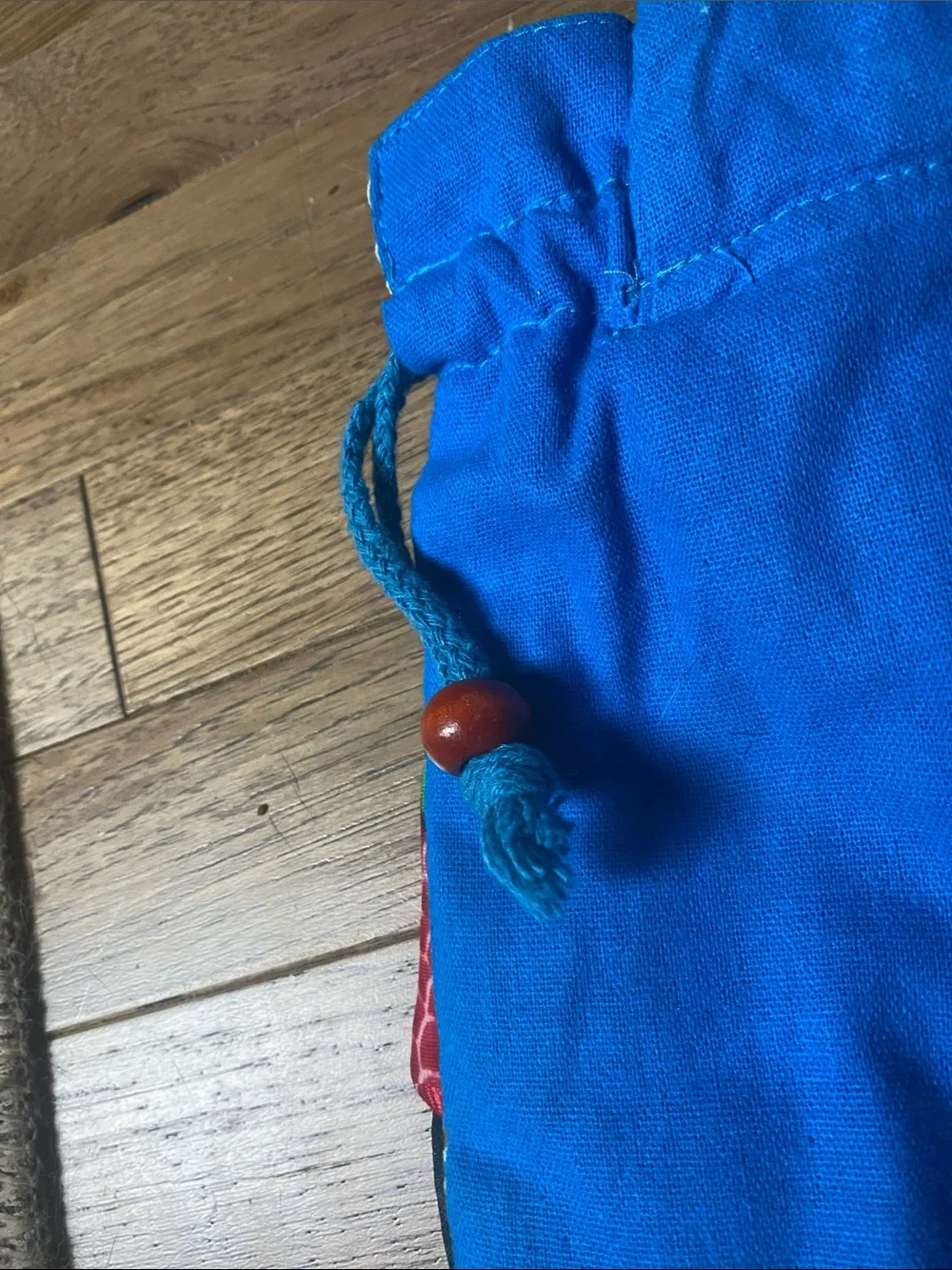 Bright Blue Kids Owl Drawstring Backpack with Multicolor Patchwork Feathers
